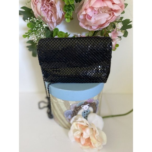 Vintage 60s‎ Black Purse Metallic Mesh Crossbody Evening Bag Metal Strap 7" X 5" - Picture 4 of 12